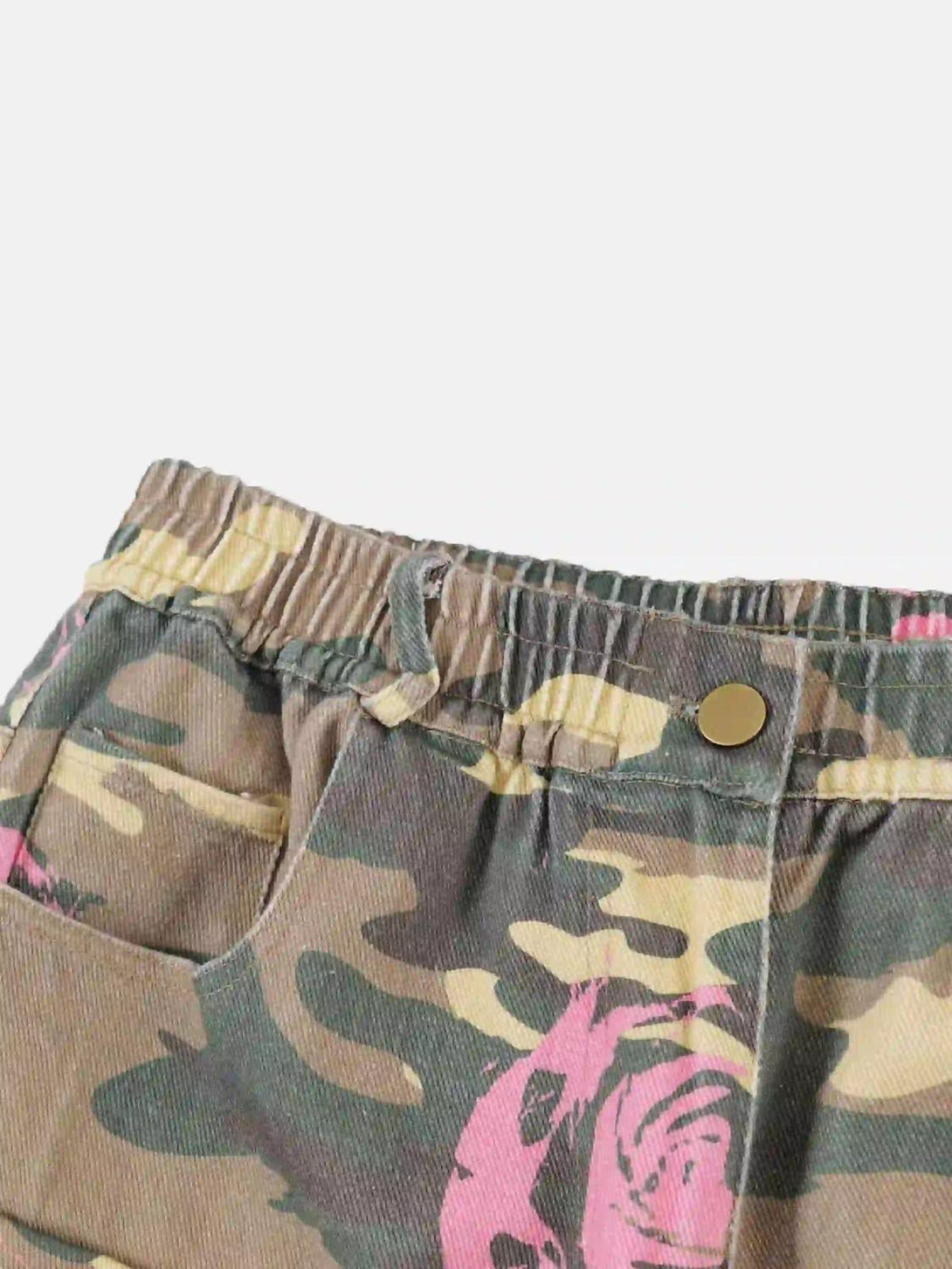 A close-up of TALISHKO cargo pants' waistband, highlighting camouflage with pink details.