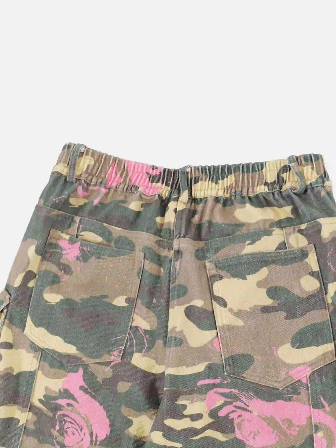 Back view of TALISHKO cargo pants in camouflage, featuring pink accents and multiple pockets.