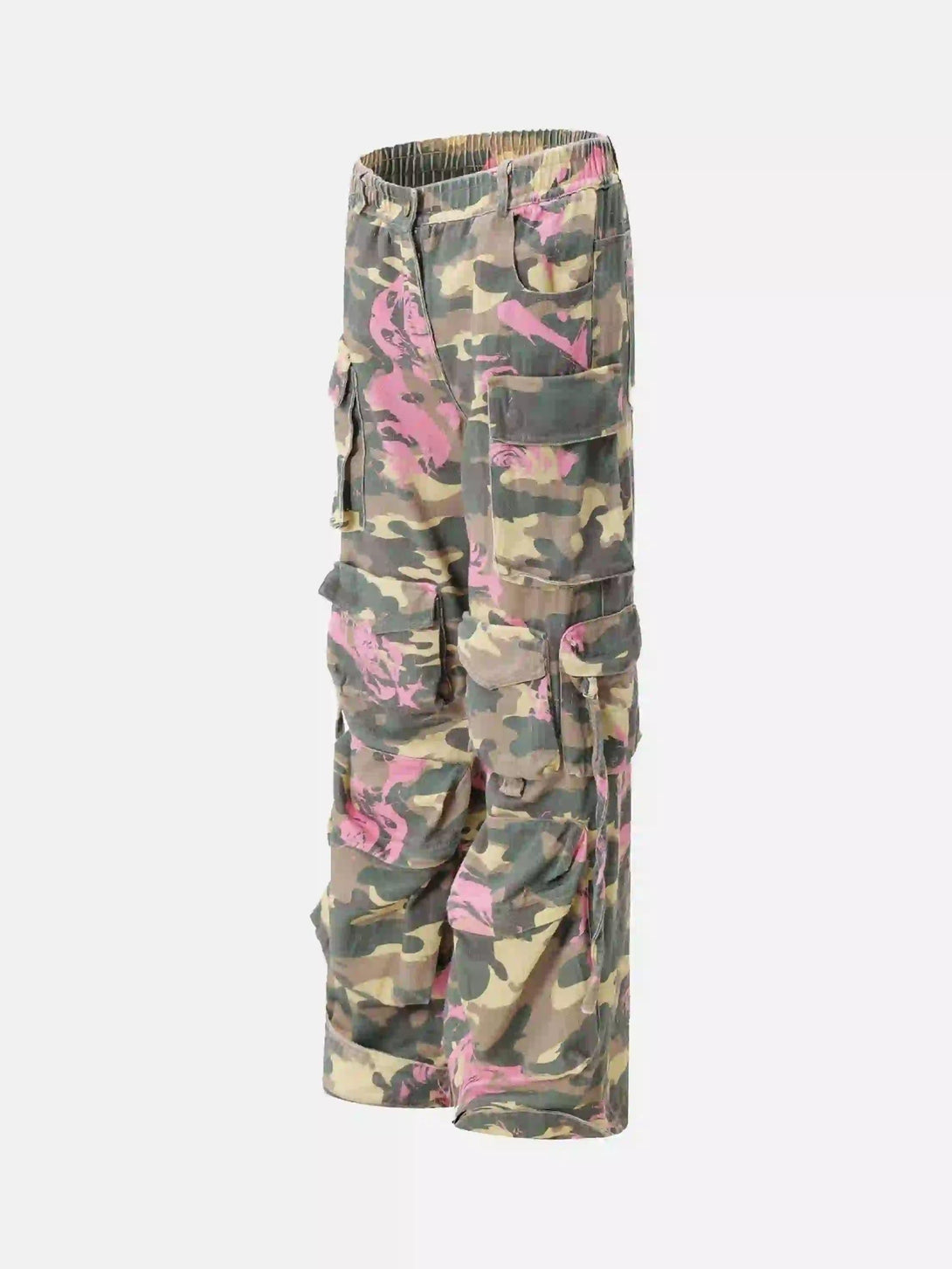 Side view of TALISHKO hip-hop cargo pants in a unique pink-accented camouflage pattern.