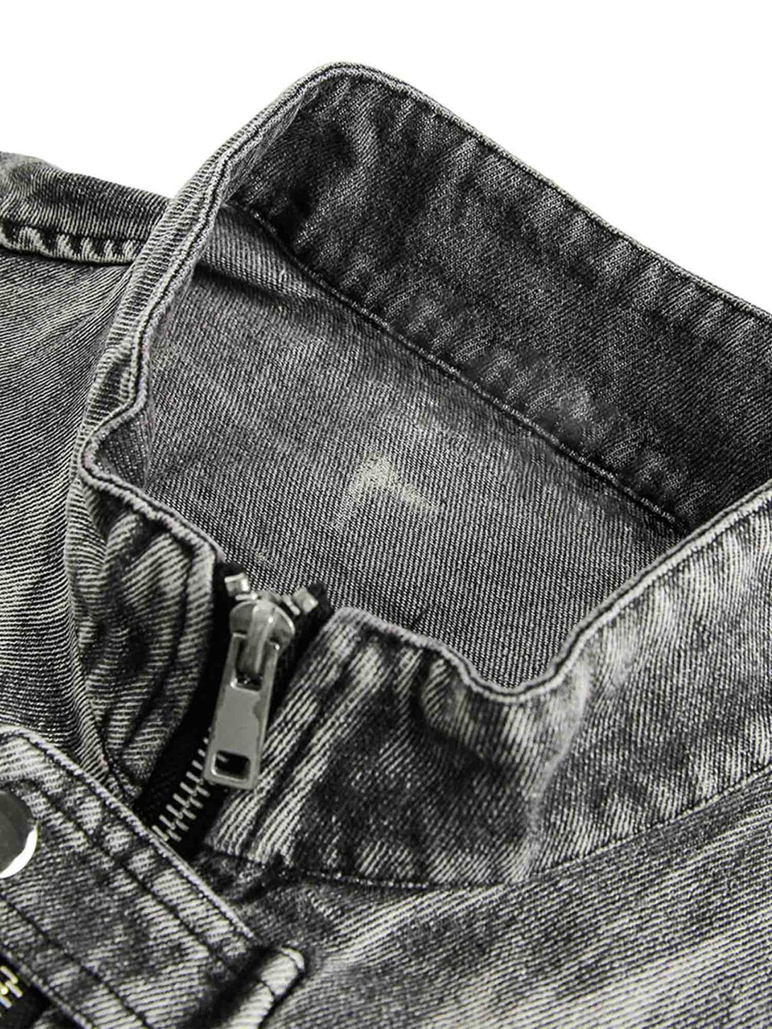 A detailed view of the distressed collar and zipper on the TALISHKO hip-hop denim jacket.