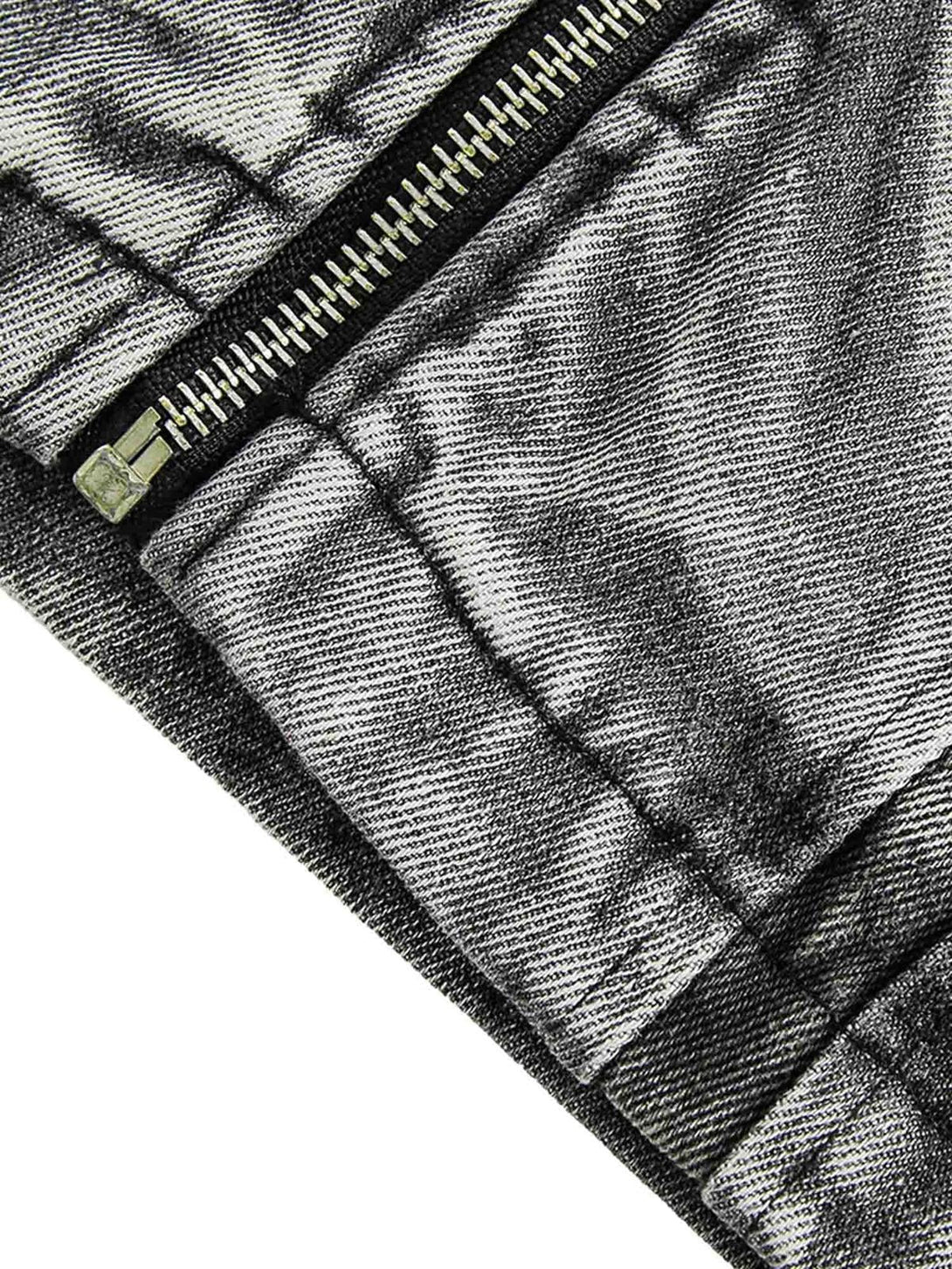 A tight crop highlighting the zipper and texture of TALISHKO's distressed hip-hop denim jacket.