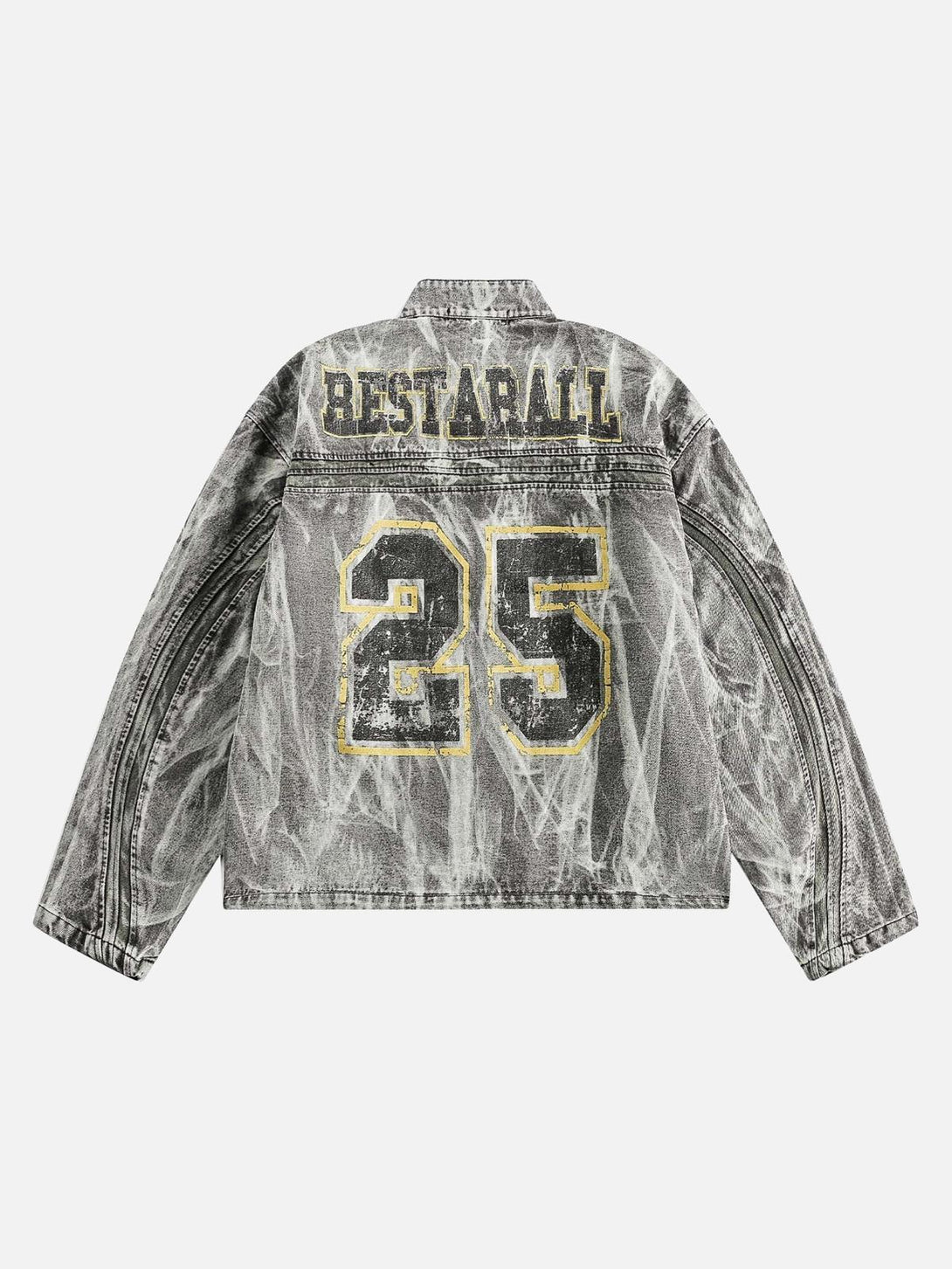 Back view of TALISHKO hip-hop denim jacket with distressed wash and bold graphics.