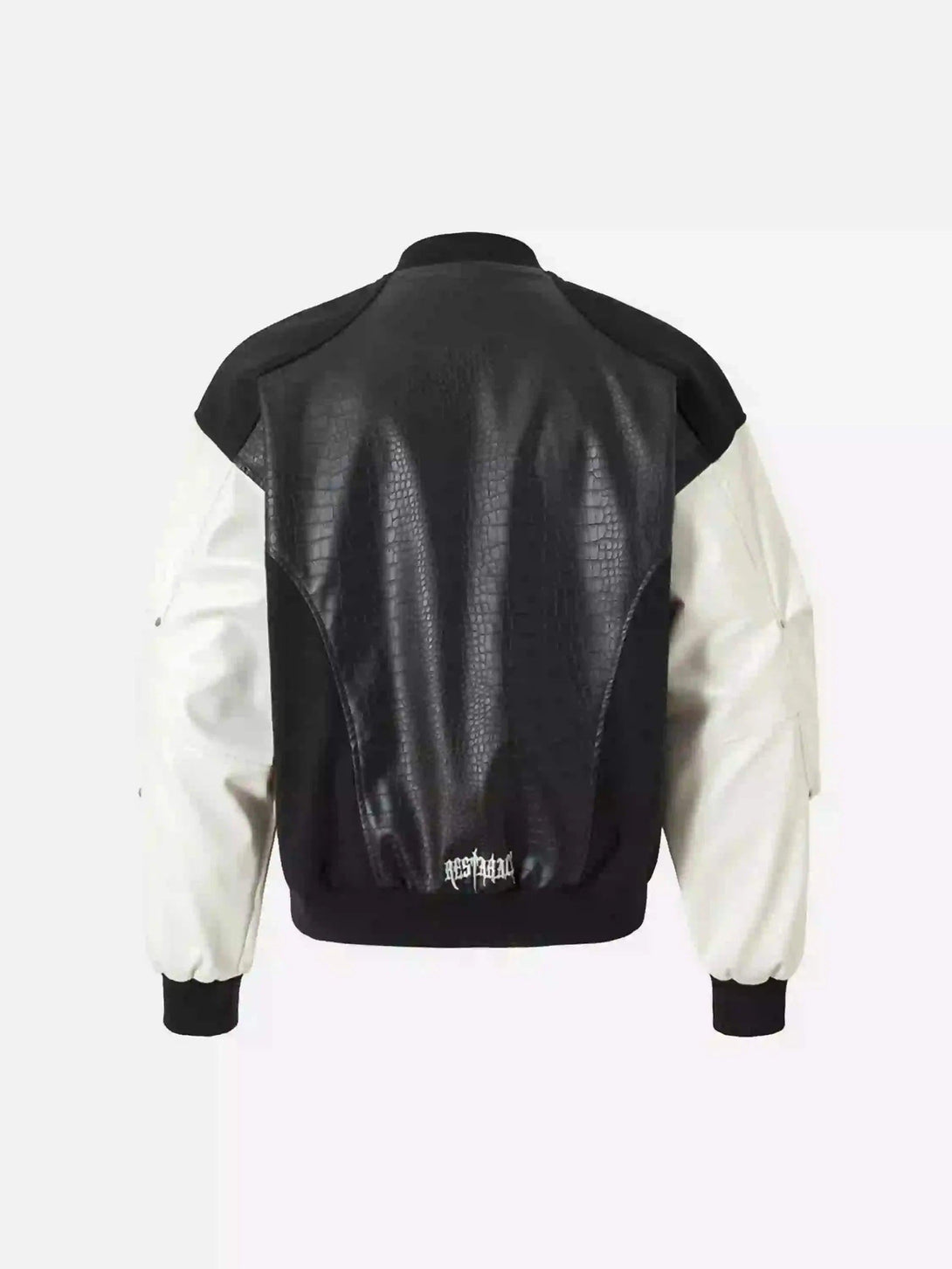 Back view of TALISHKO hip hop baseball jacket featuring a unique black and white design.