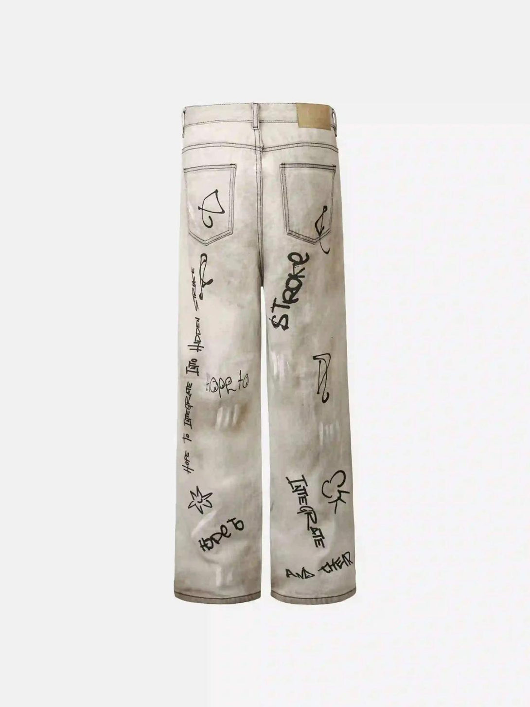 Back view of TALISHKO graffiti distressed jeans, highlighting unique artistic graphics and text.