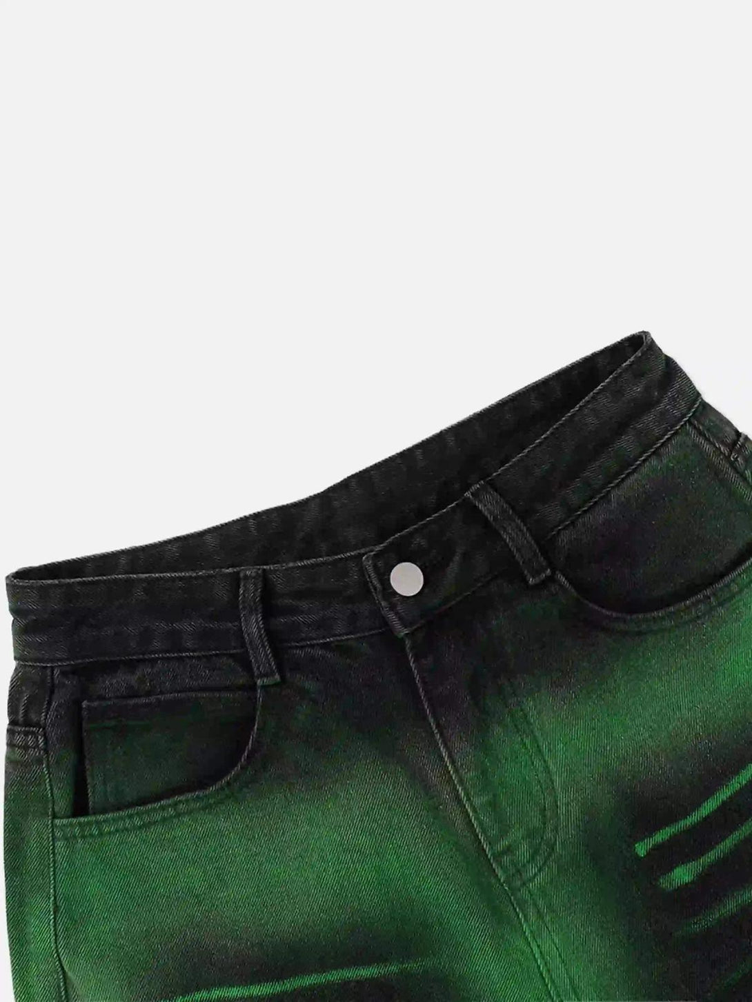 A detailed look at TALISHKO's green hand-painted jeans, highlighting unique color and texture.