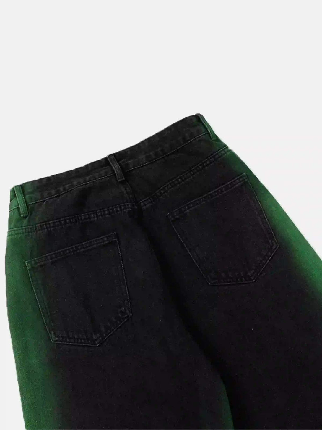TALISHKO's hip-hop jeans in a back view, showcasing green hand-painted pocket details.