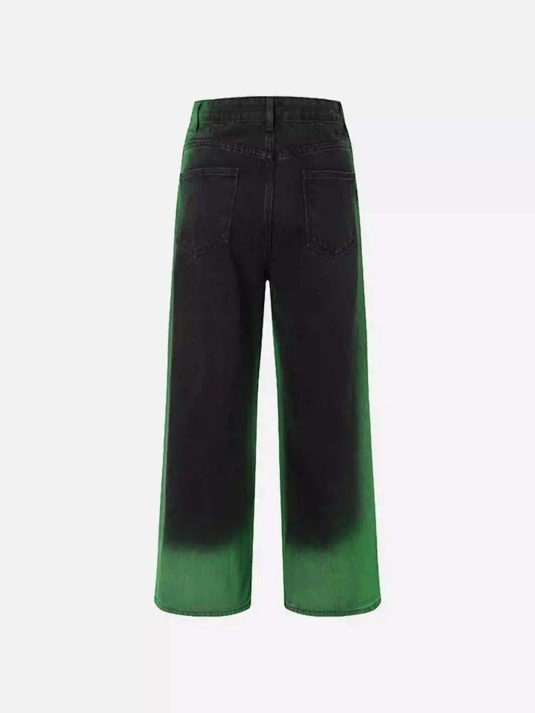 Back view of TALISHKO hip-hop jeans with a unique green hand-painted gradient design.