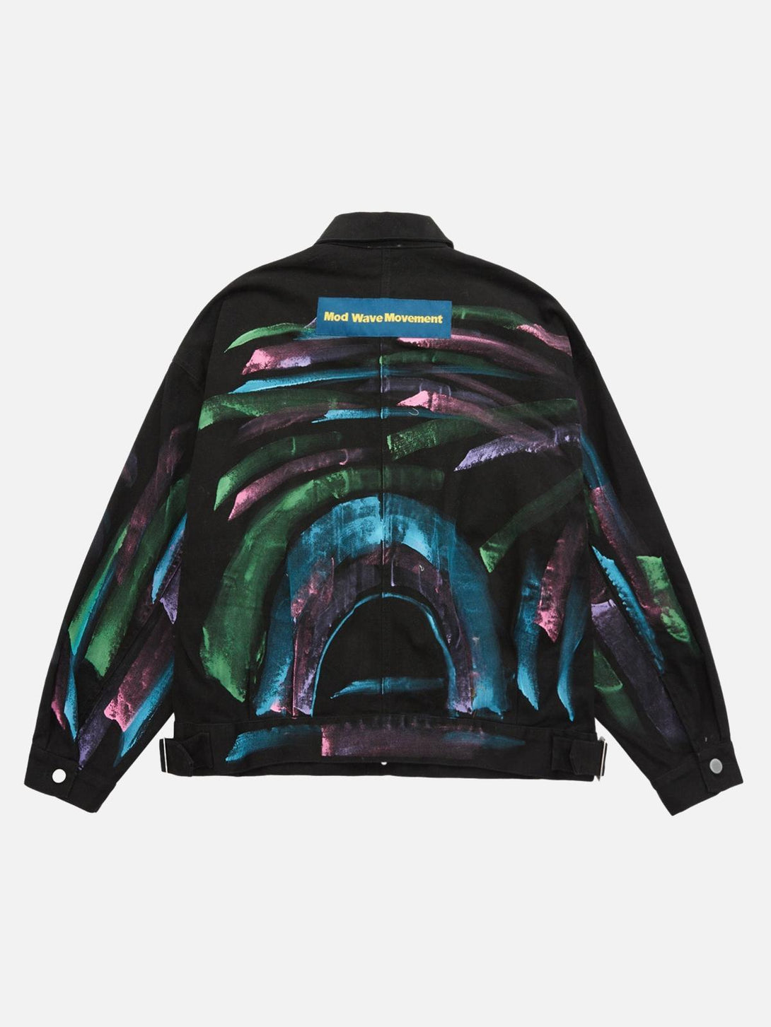 Back view of TALISHKO's hand-painted graffiti denim jacket, showcasing vibrant, artistic patterns.