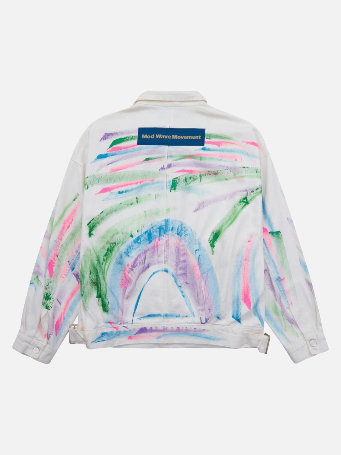 Back of TALISHKO's hand-painted graffiti denim jacket, featuring vibrant pastel brushstrokes.