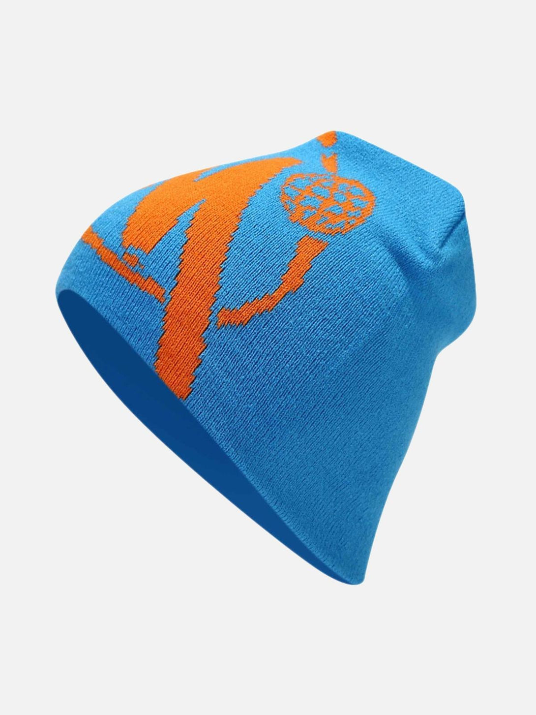 Side view of a blue hip hop knit hat by TALISHKO, featuring a striking orange graphic design.