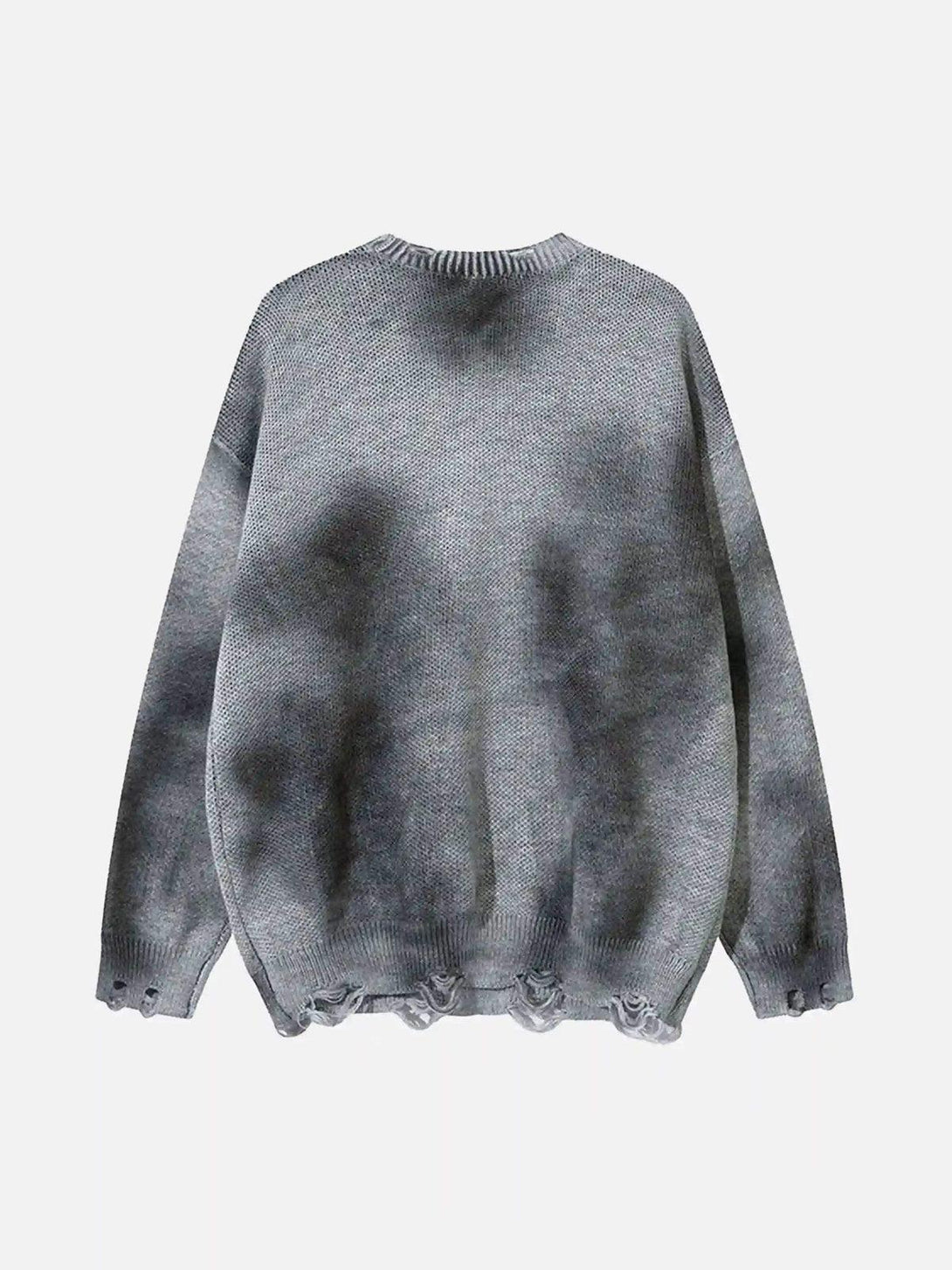 Back view of gray TALISHKO sweater with distressed details and a relaxed, edgy style.