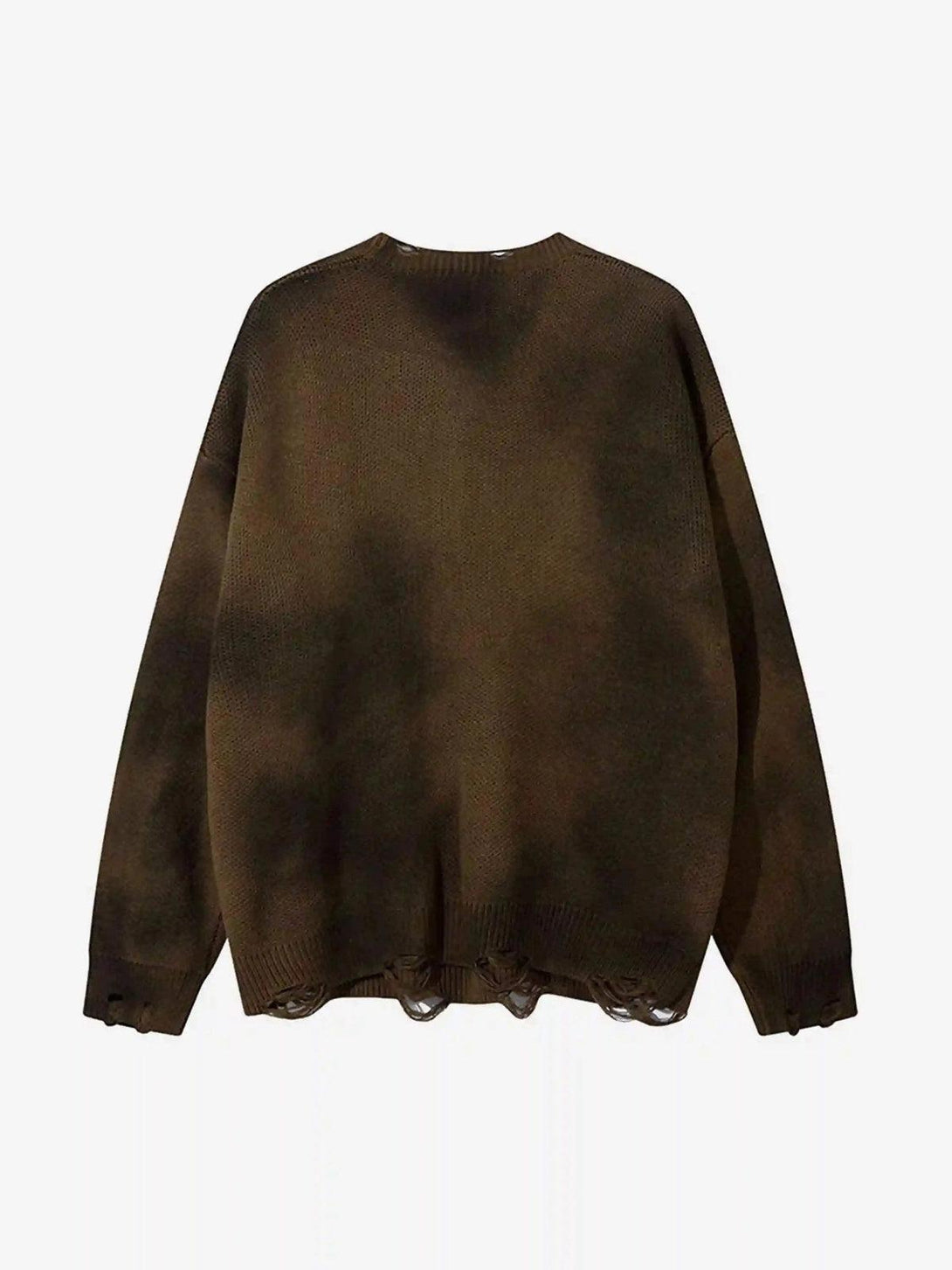 Back view of a dark-toned, relaxed-fit sweater by TALISHKO, featuring a distressed edge.