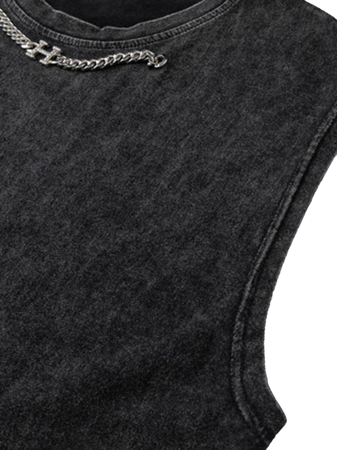 Detailed view of TALISHKO's hip-hop undershirt, featuring a chain detail and washed texture.