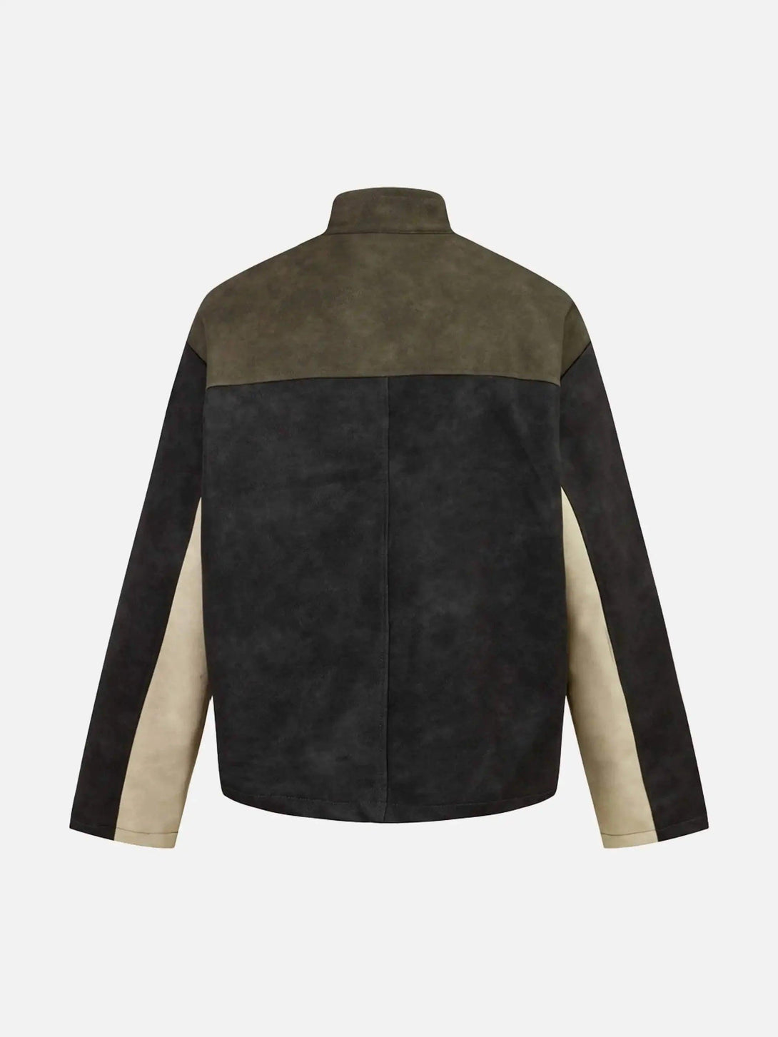 Back view of a hip-hop motorcycle trend jacket by TALISHKO, showcasing a mix of earthy tones.