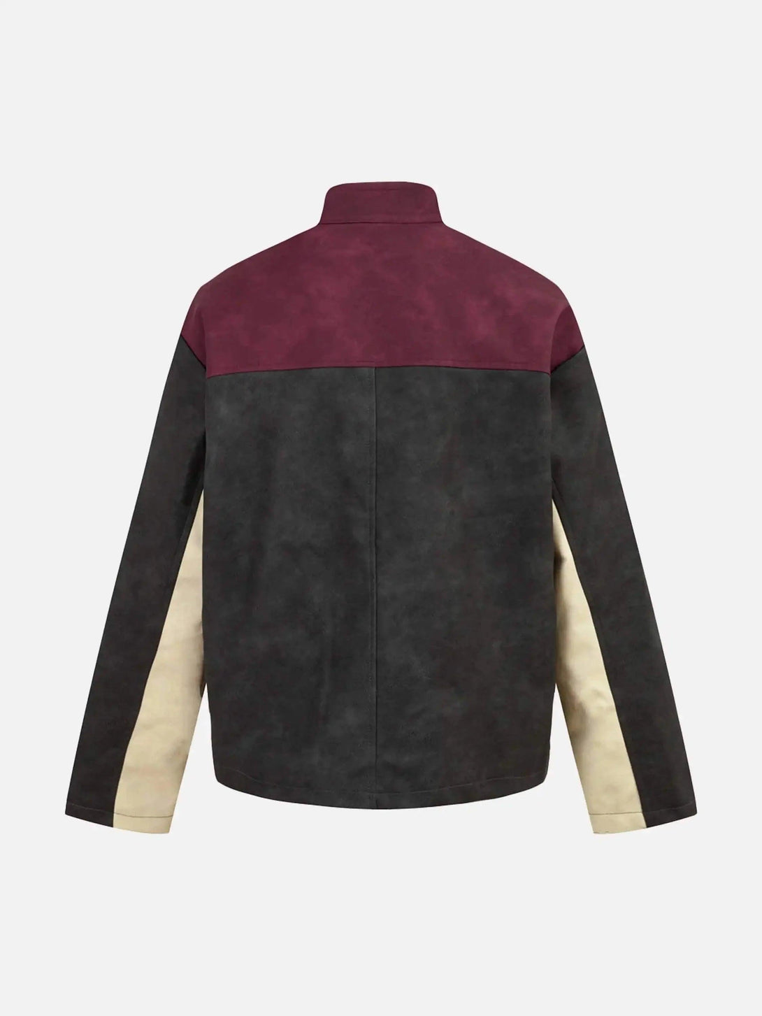 Back view of a TALISHKO hip-hop motorcycle trend jacket with burgundy and black color blocks.