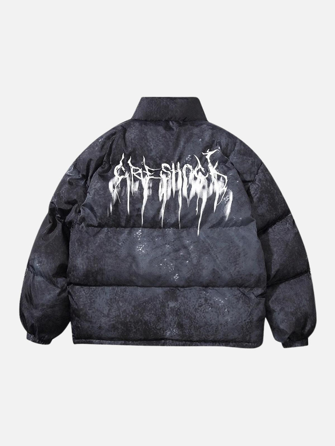 Back view of a TALISHKO hip hop oversized padded jacket, featuring artistic lettering.