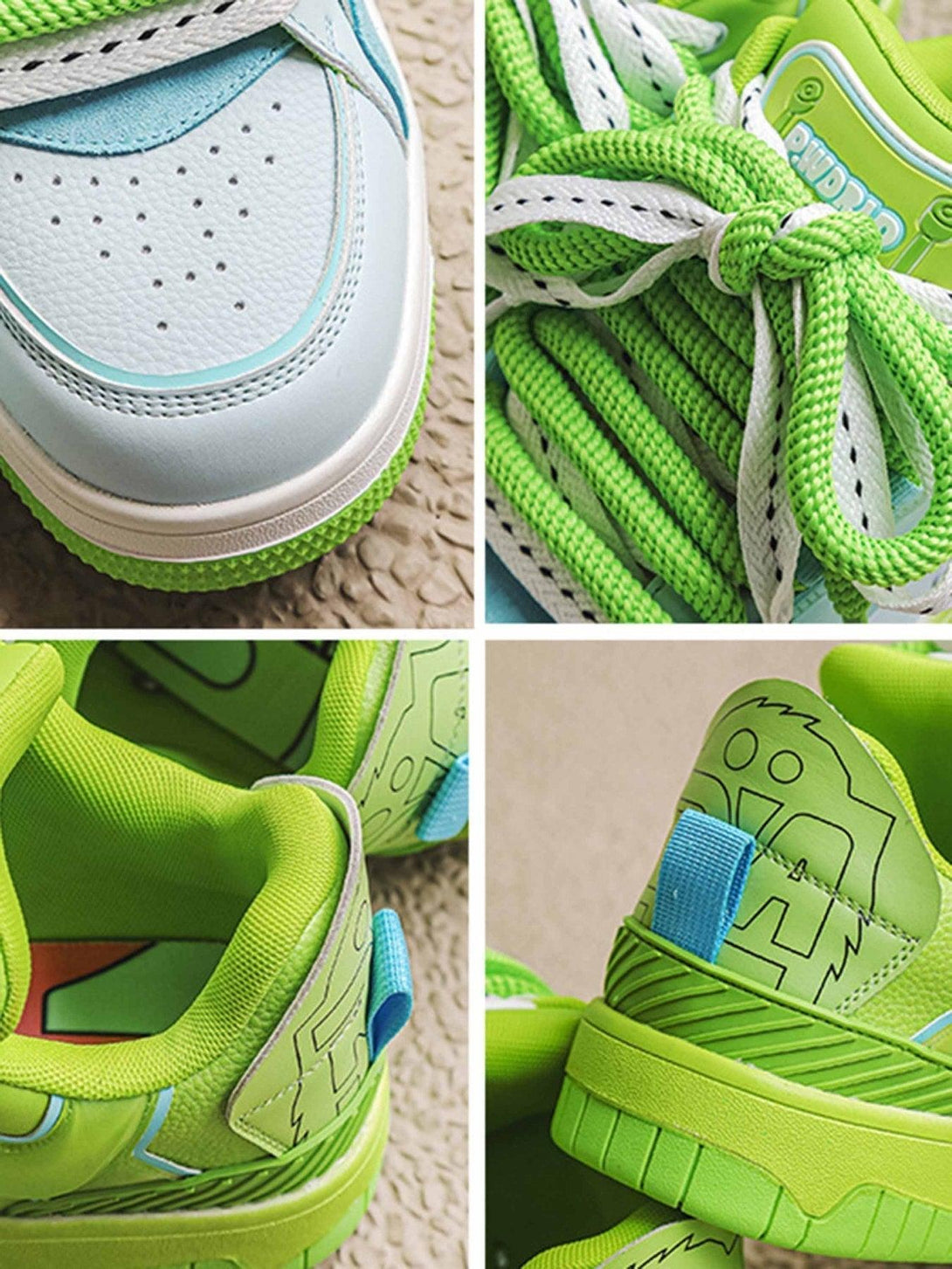 Intricate look at TALISHKO skateboard shoes, highlighting green and blue details and bold laces.