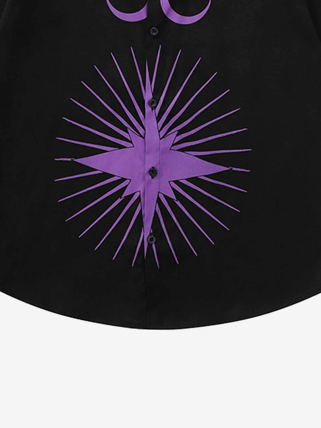 Intricate design detail on a black hip-hop shirt by TALISHKO, featuring a purple star pattern.