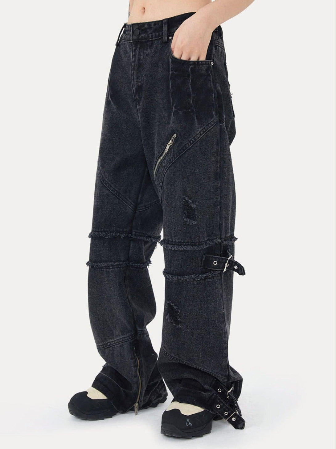 TALISHKO hip-hop retro wash denim straight-leg pants with zippers and buckle details, side view.
