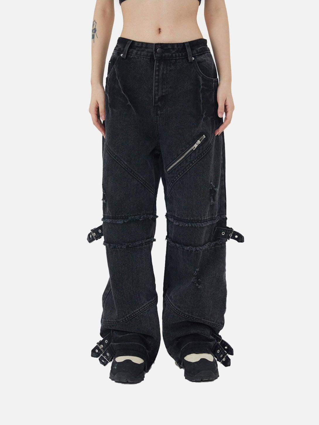 TALISHKO hip-hop retro wash denim pants with buckle accents, worn by a model from the front.