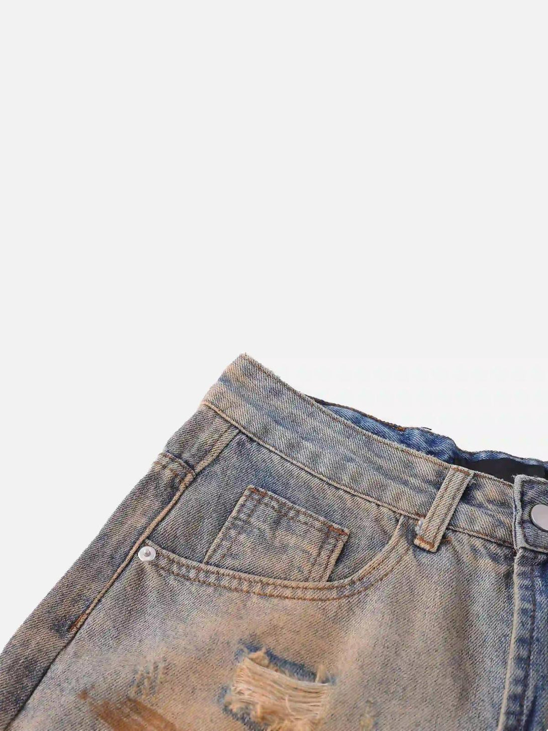 A detailed look at TALISHKO hip-hop ripped jeans, focusing on distressed texture and pocket design.