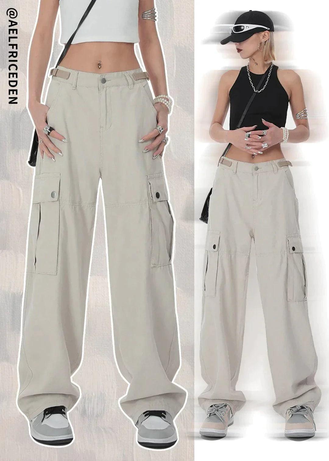 Model styled in TALISHKO hip hop cargo pants with accessories, showcasing modern streetwear.