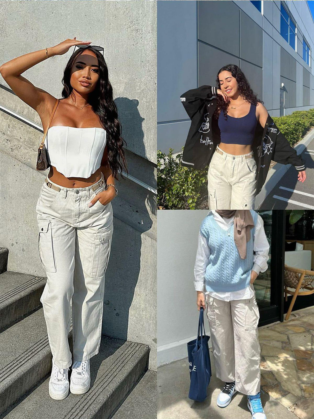 Models wearing TALISHKO cargo pants styled in versatile looks with crop tops and layered outfits.