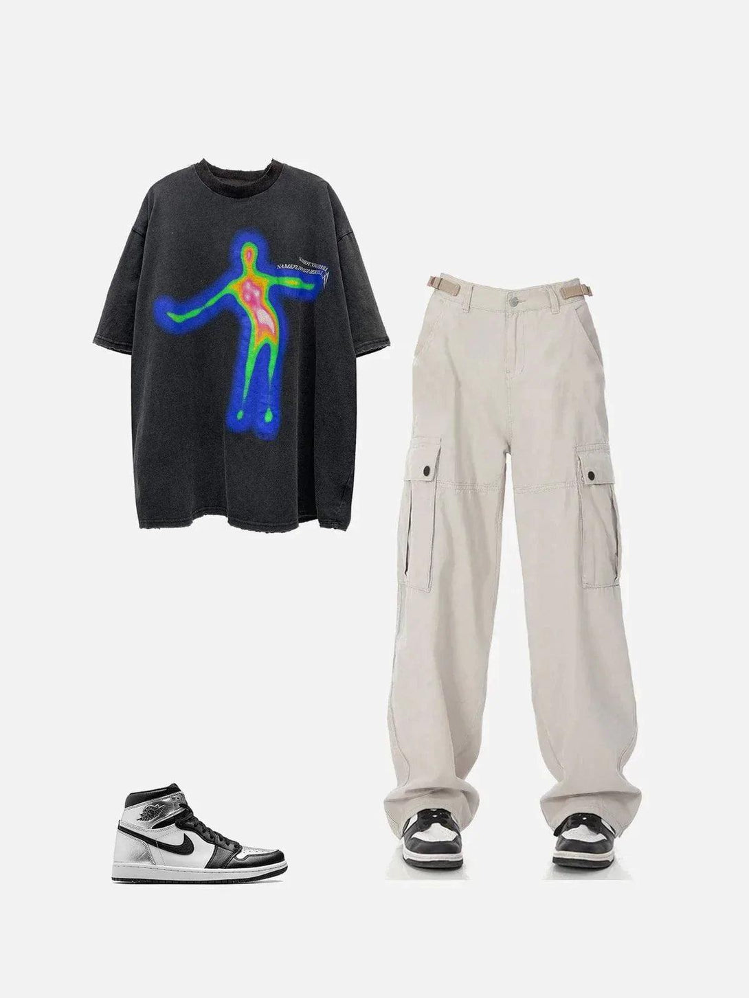 TALISHKO hip hop cargo pants paired with a graphic tee and sneakers for a bold streetwear look.