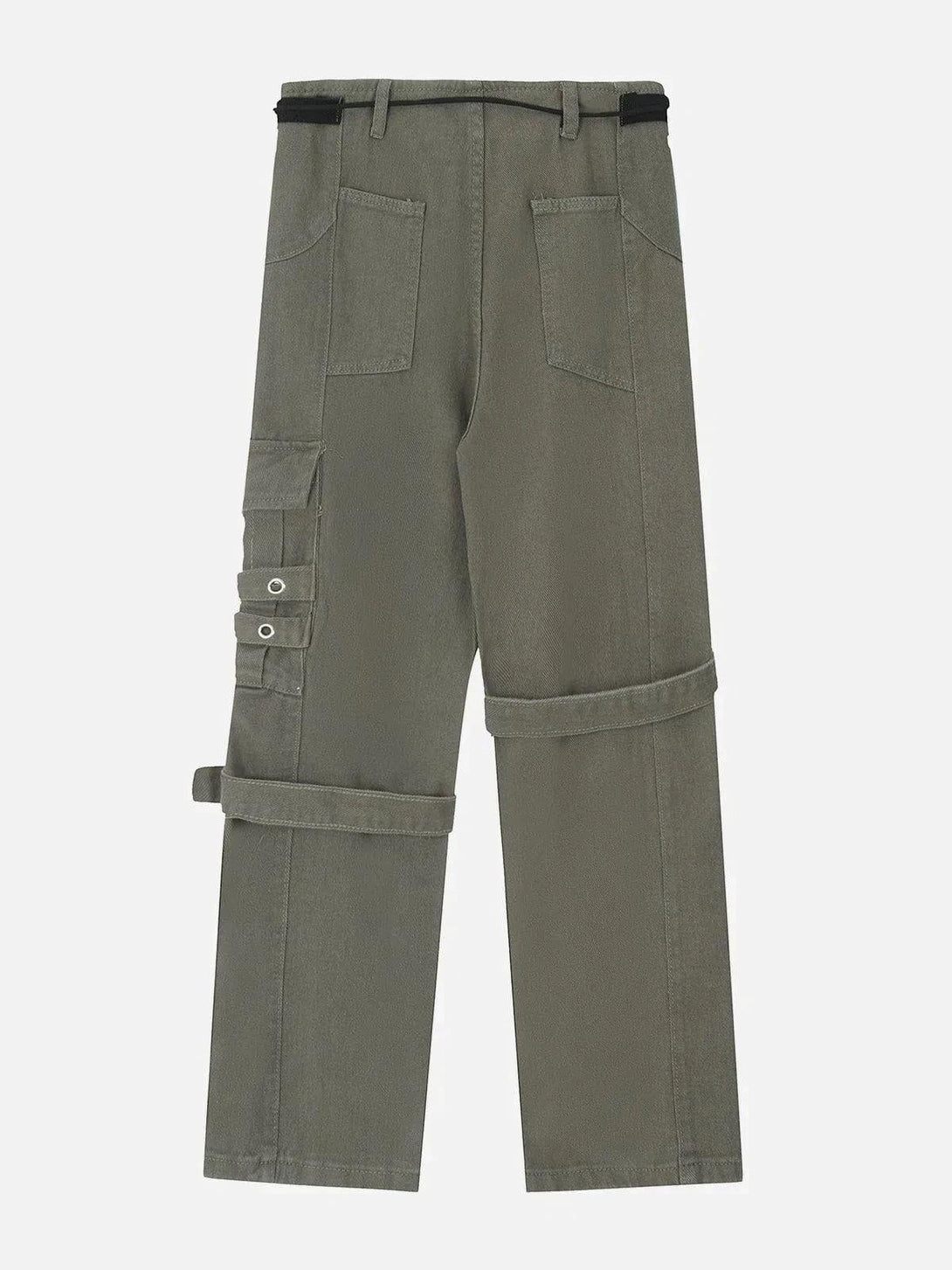 Back view of TALISHKO hip hop jeans with strap details and a rugged, urban style.