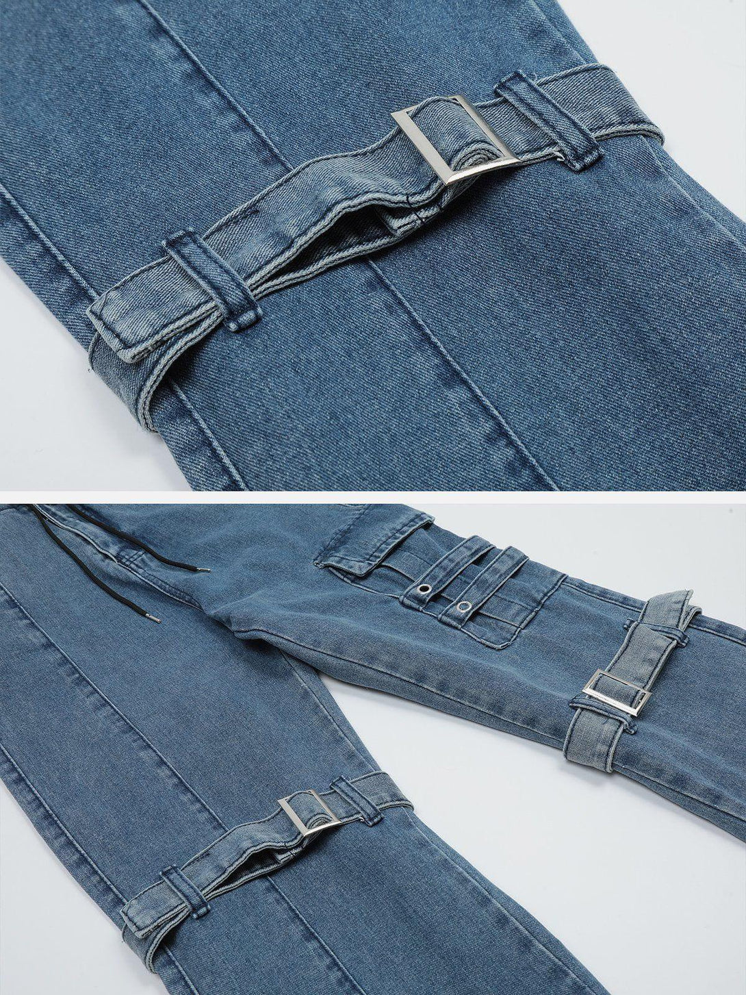TALISHKO jeans with hip hop strap details, showcasing intricate denim texture and design.