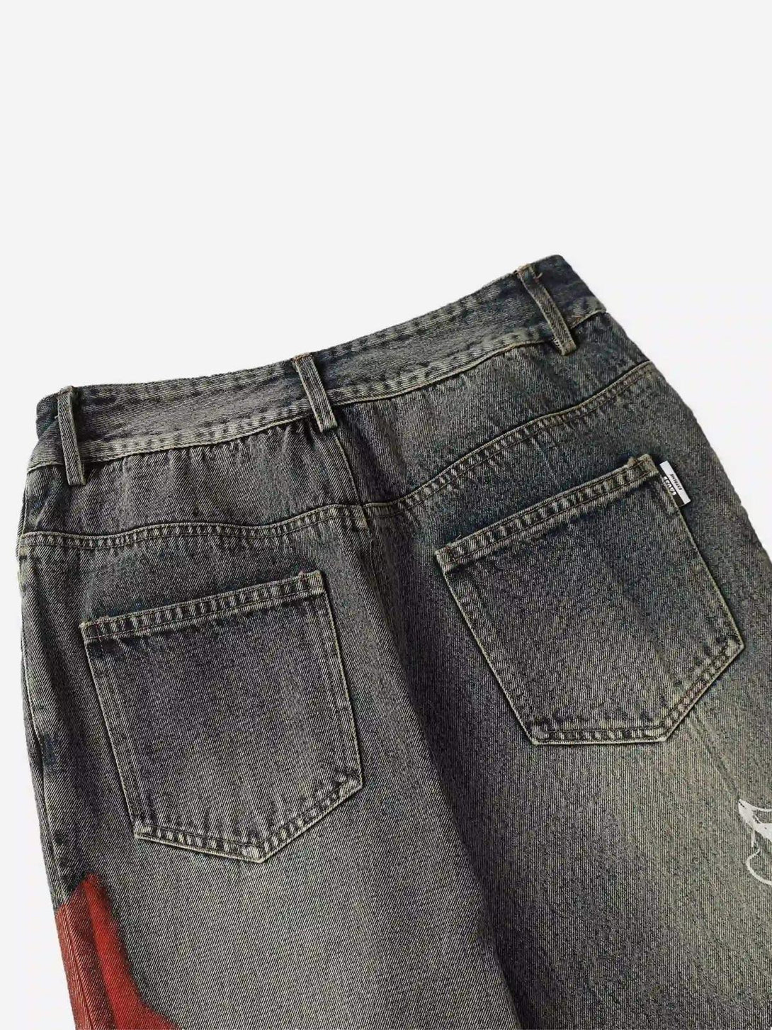 Back view of TALISHKO graffiti jeans highlighting bold street-style elements and rugged texture.