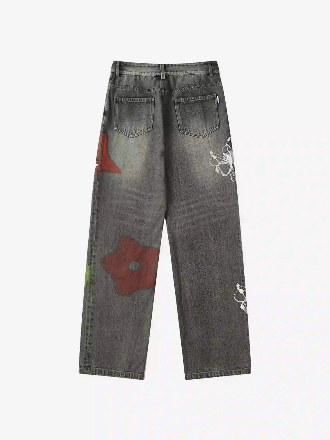 Back view of TALISHKO graffiti jeans with colorful floral designs, adding street style flair.