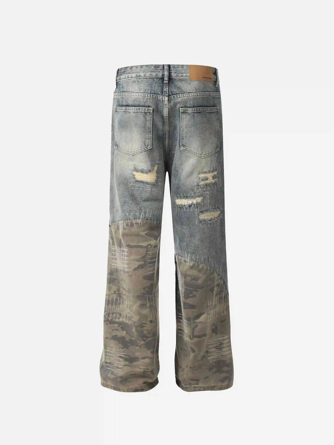Back view of TALISHKO's street-style jeans with camo patches and distressed details.