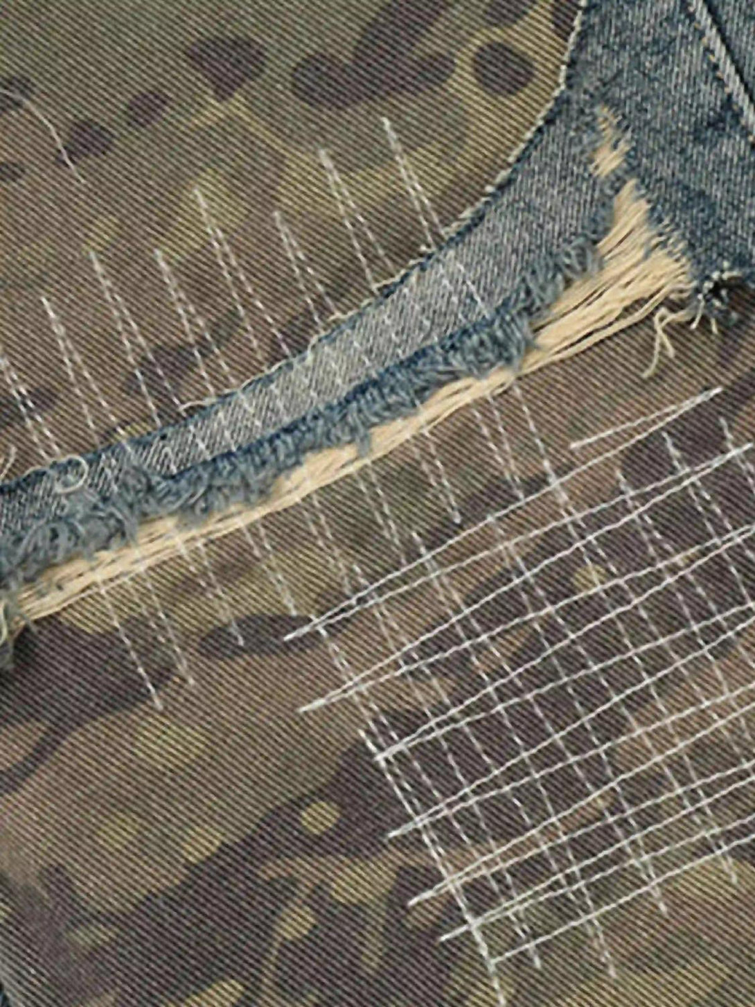 Intricate look at TALISHKO's hip hop jeans, showcasing camo patterns and rugged stitching.