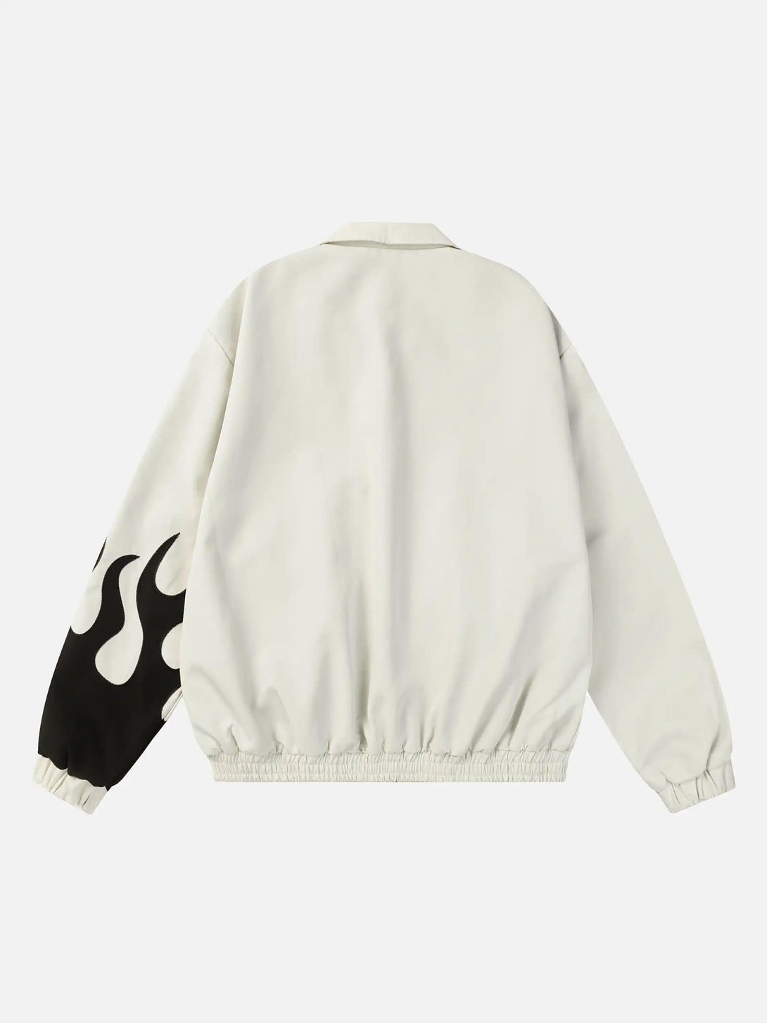 Back view of a white flame-patterned jacket by TALISHKO, featuring bold street style.
