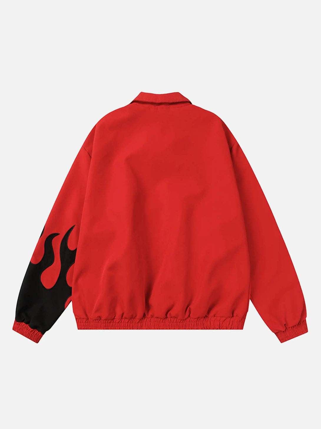 Back view of a red TALISHKO flame-patterned jacket, highlighting its bold streetwear style.