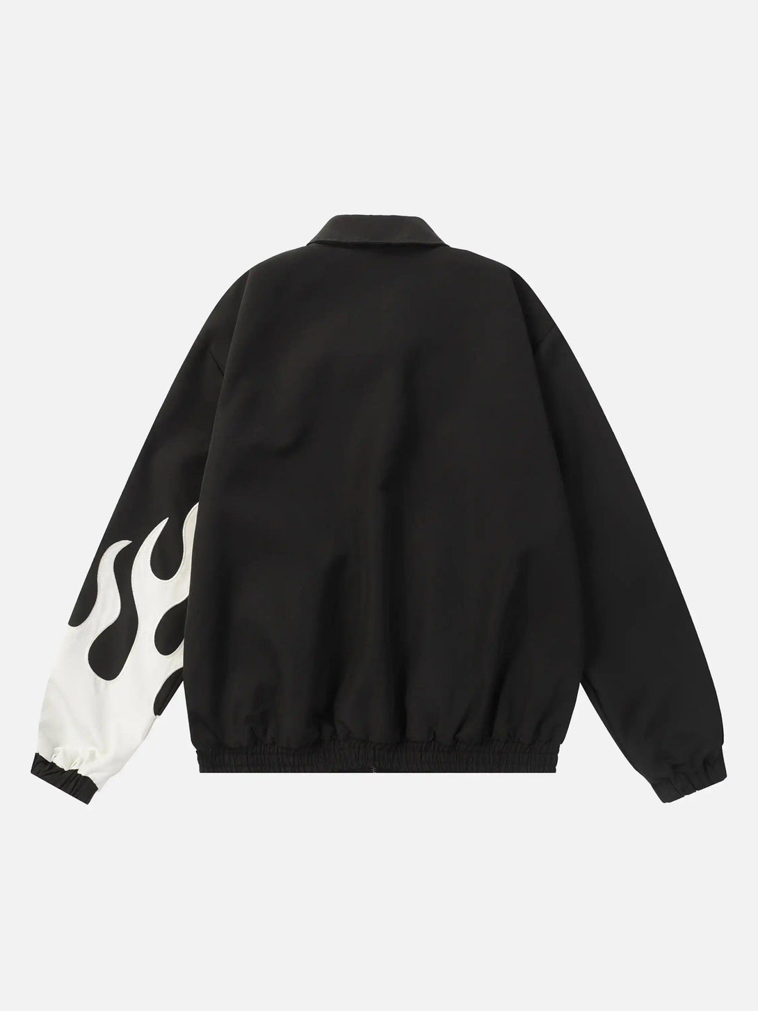 Back view of TALISHKO's black jacket with a striking flame design on the sleeve.
