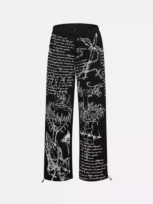 Street print casual pants by TALISHKO featuring intricate monochrome designs.