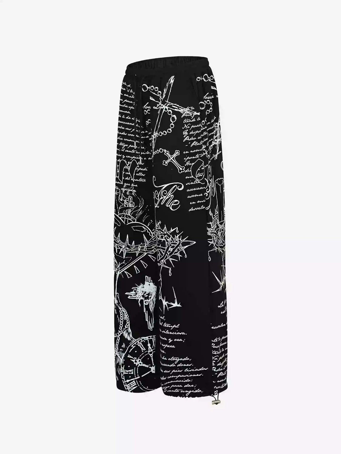 Stylish TALISHKO hip-hop pants with unique monochrome print and relaxed fit, shown from the side.