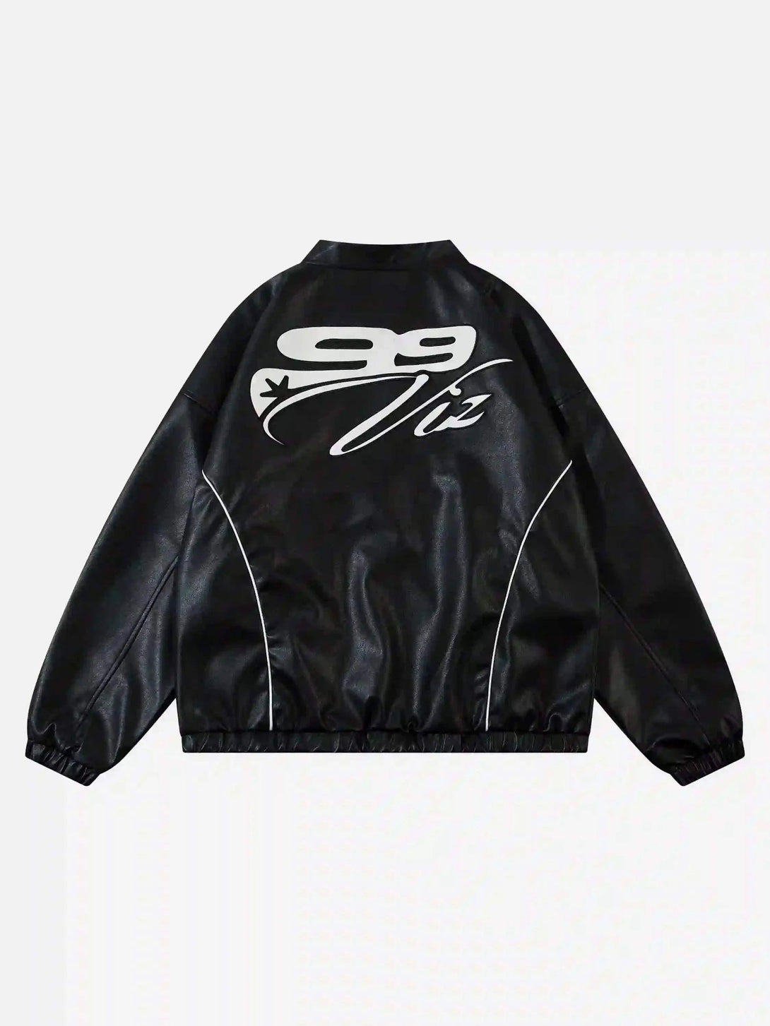 Back view of TALISHKO's black PU motorcycle jacket, featuring bold hip-hop street graphics.
