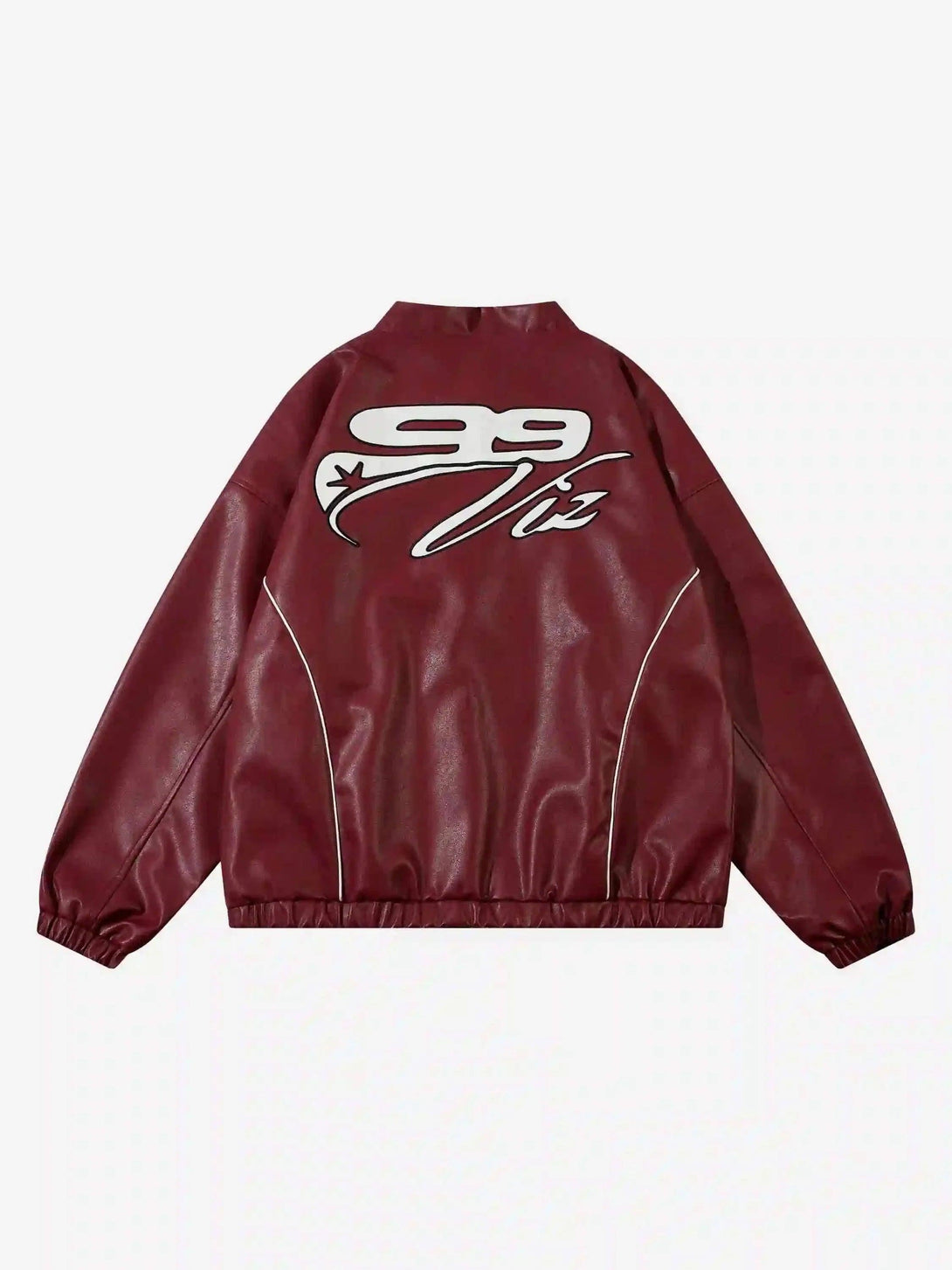 Back view of TALISHKO's red PU motorcycle jacket with distinctive hip-hop street graphics.