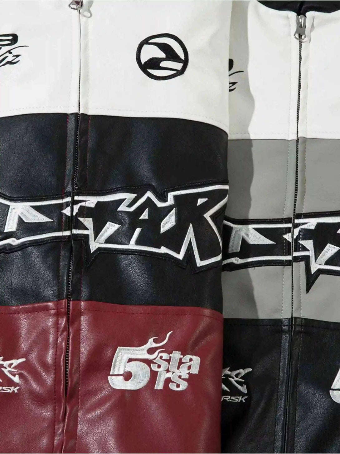 Detailed view of TALISHKO's PU motorcycle jacket, highlighting hip-hop street style graphics.