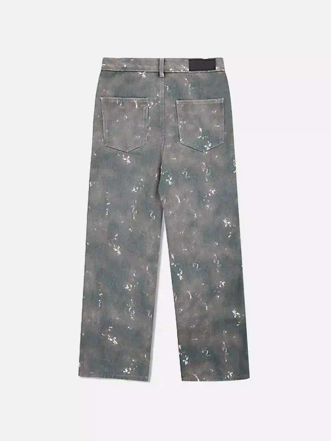 Back view of TALISHKO ink-splashed camouflage jeans, showcasing a stylish Y2K hip-hop vibe.