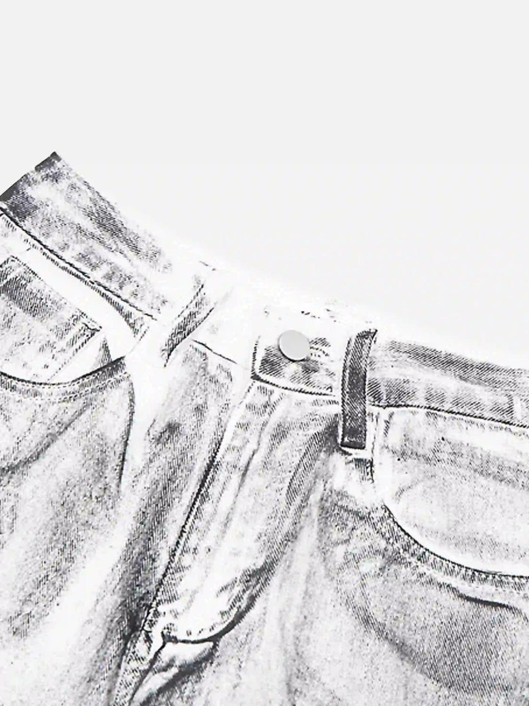 TALISHKO's hip-hop style painted jeans showcase a unique front detail with artistic texture.