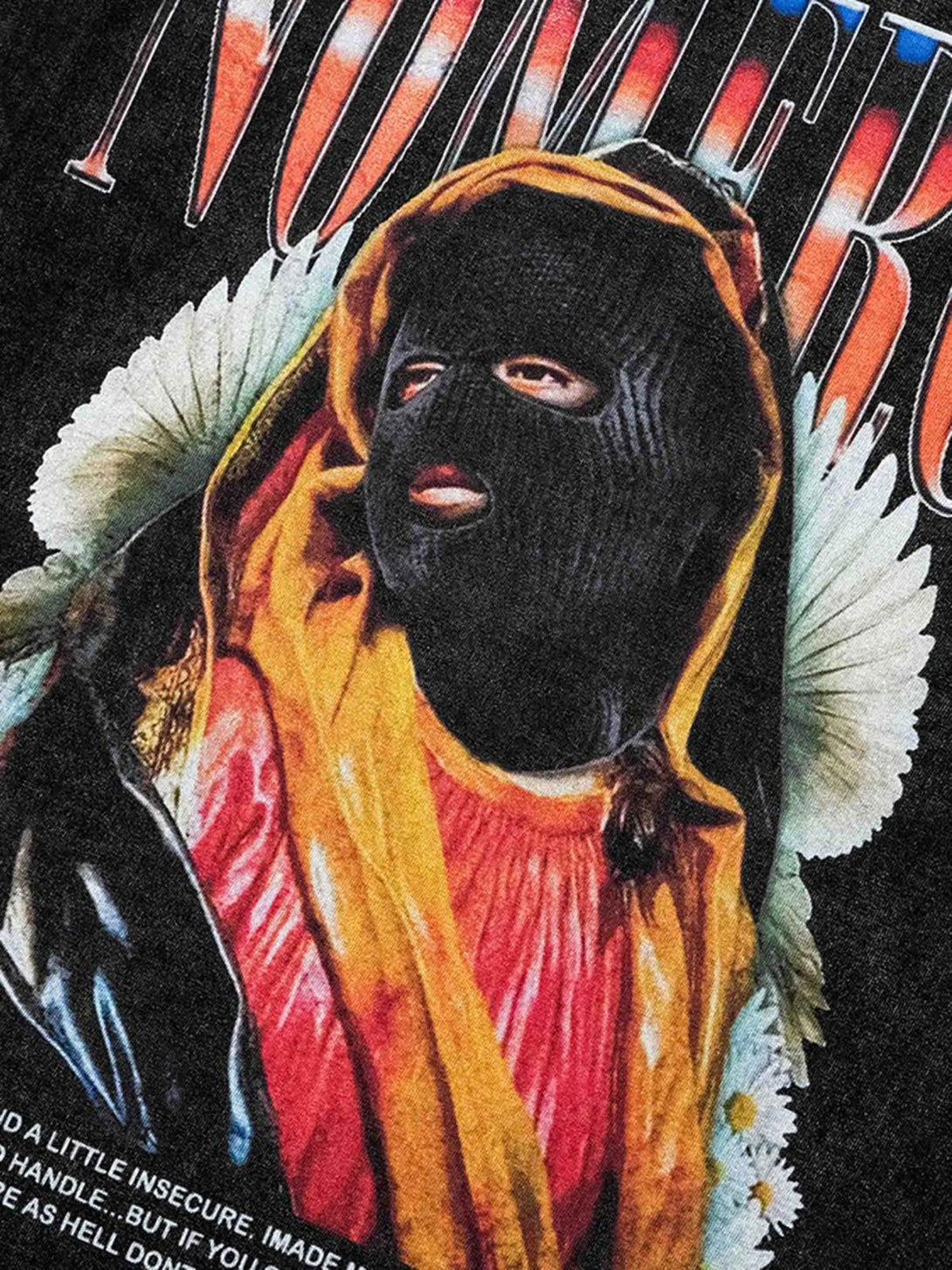 A detailed view of TALISHKO's vintage t-shirt, featuring bold, artistic graphics and intricate design.