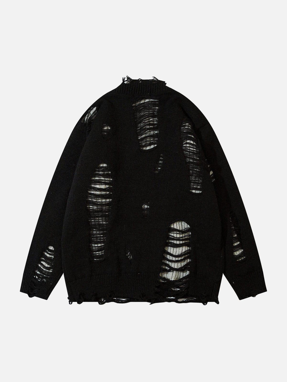 Back view of black distressed cardigan by TALISHKO, highlighting its edgy, textured look.