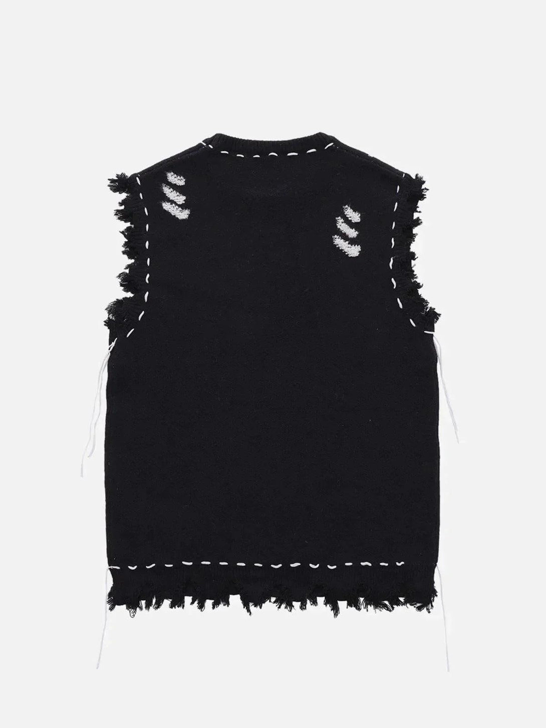 Back view of a TALISHKO black sweater vest highlighting raw edges and unique stitched details.