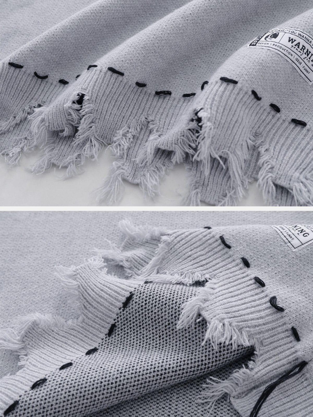 Intricate look at TALISHKO sweater vest's raw edges and black stitching, showcasing texture.