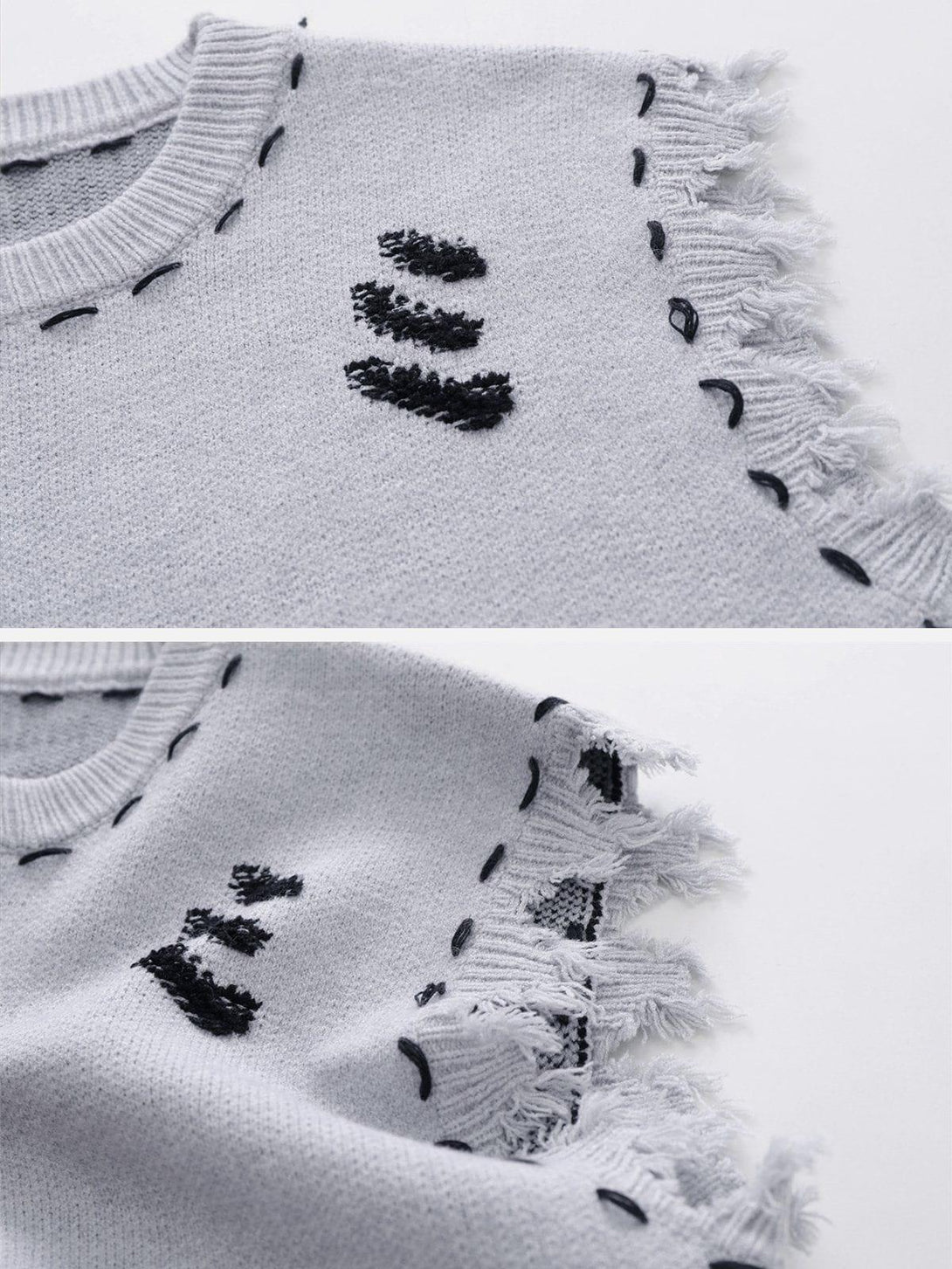 TALISHKO sweater vest showcasing raw edges and black stitched details, highlighting texture.
