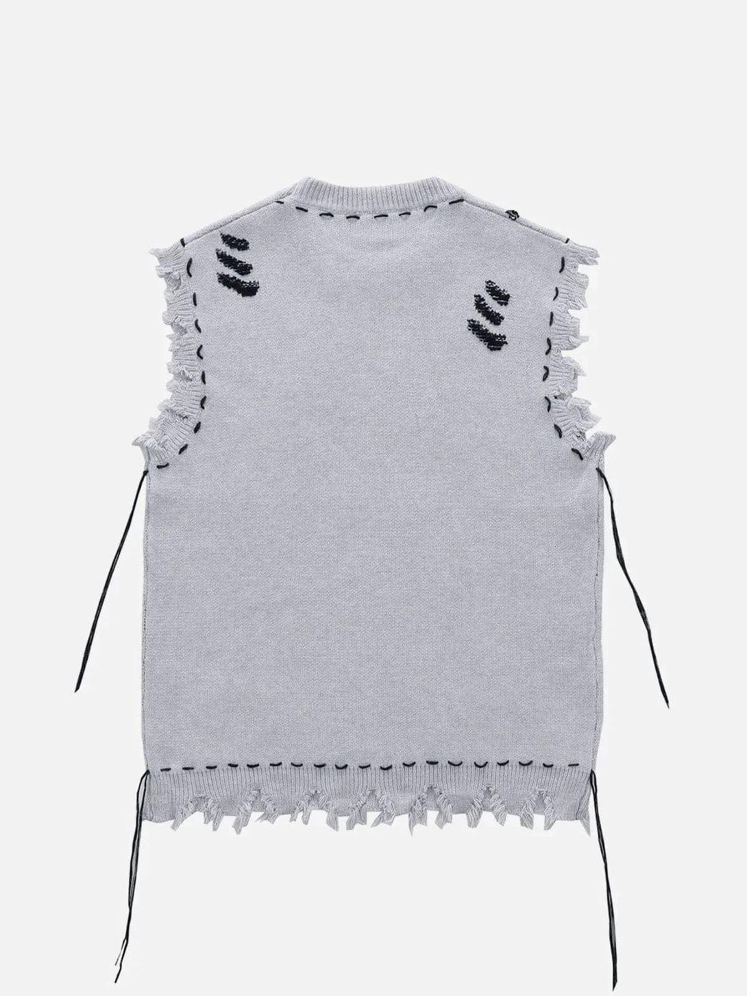 Back view of a TALISHKO sweater vest featuring raw edges and stitched details in gray.